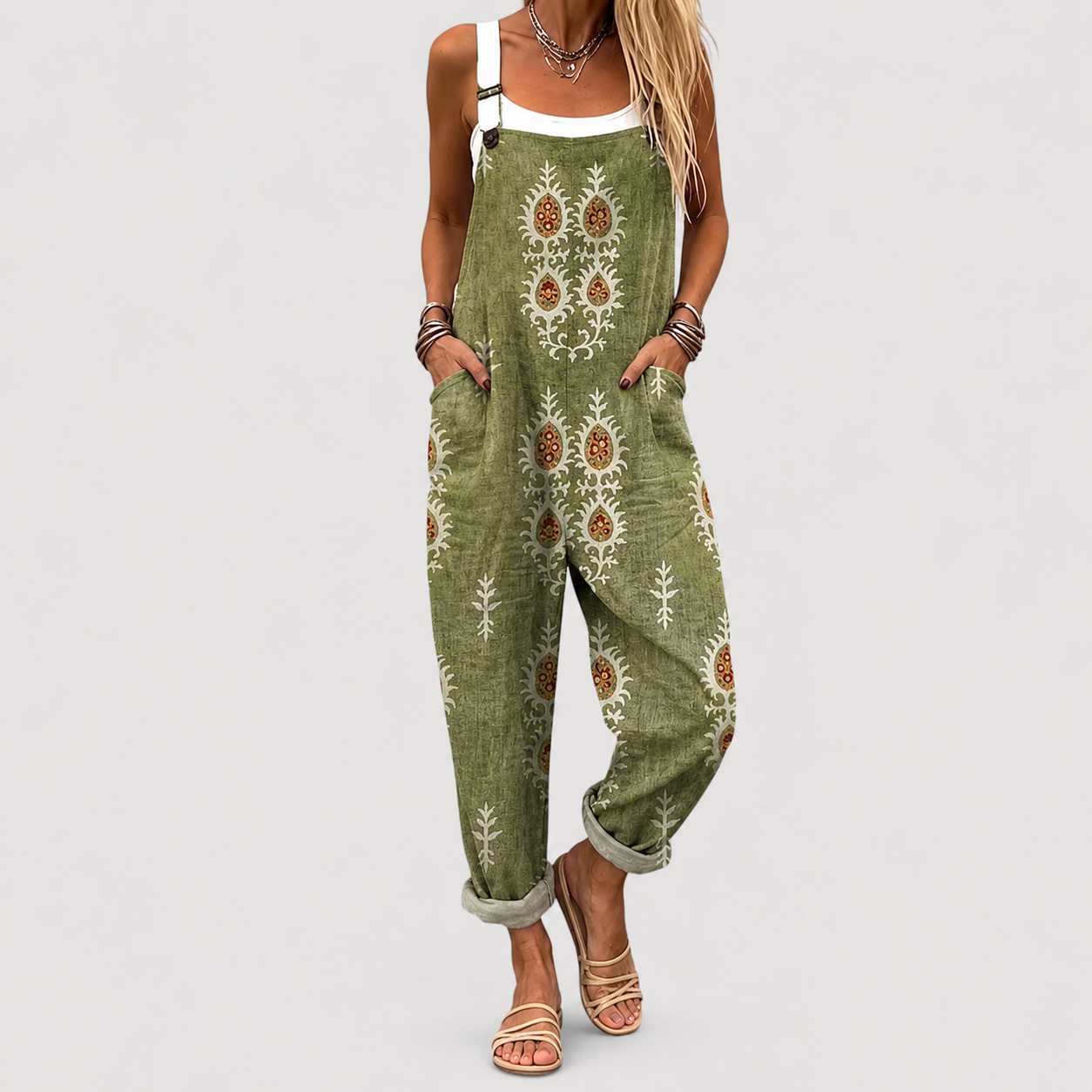 Salopette décontractée style bohème vert olive