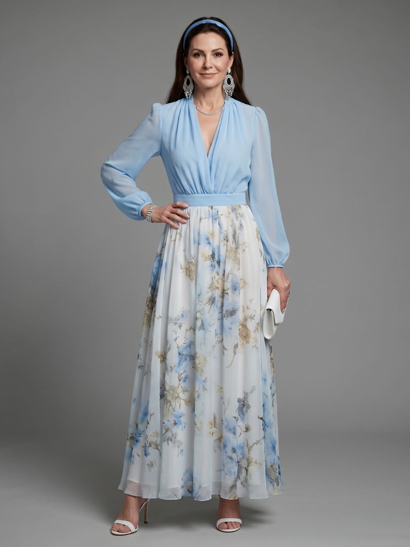 Clara | Robe longue fleurie à col V et corsage transparent