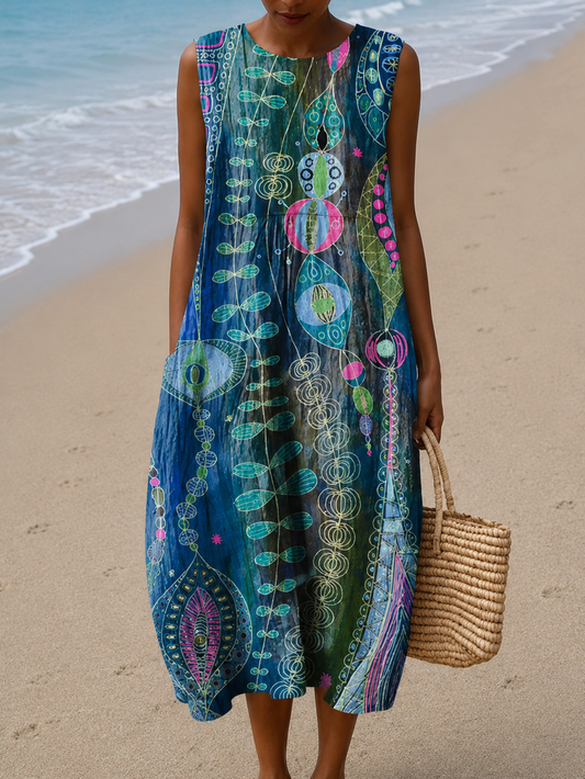 Anna - Robe de plage midi imprimée sans manches pour femmes