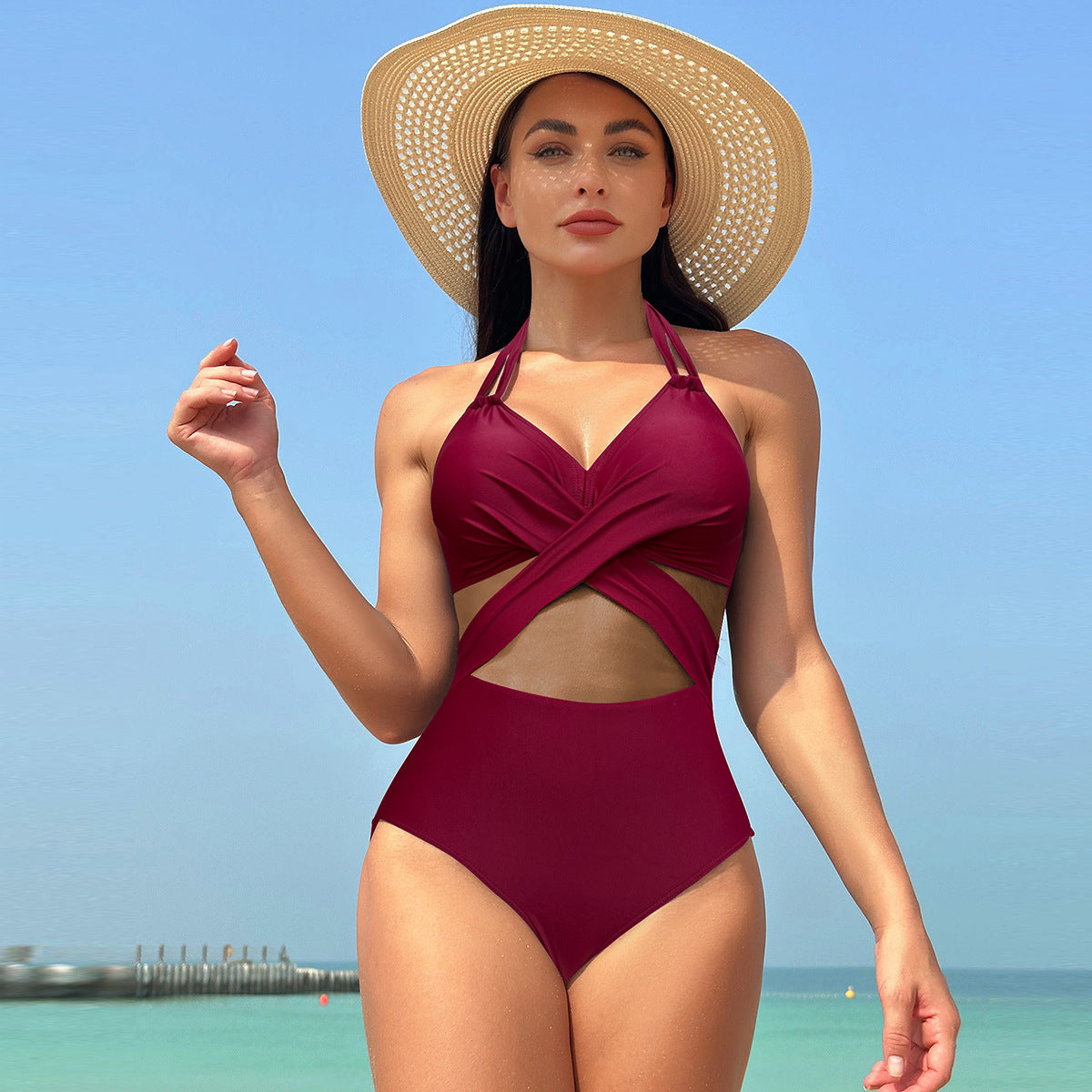 Maillot de Bain Une Pièce Sculptant avec Croisement et Tulle