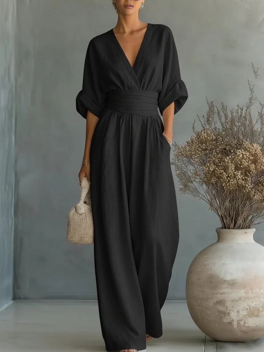Robe Élégante en V, Dos Nu et Manches Fluides