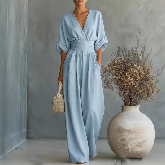 Robe Élégante en V, Dos Nu et Manches Fluides