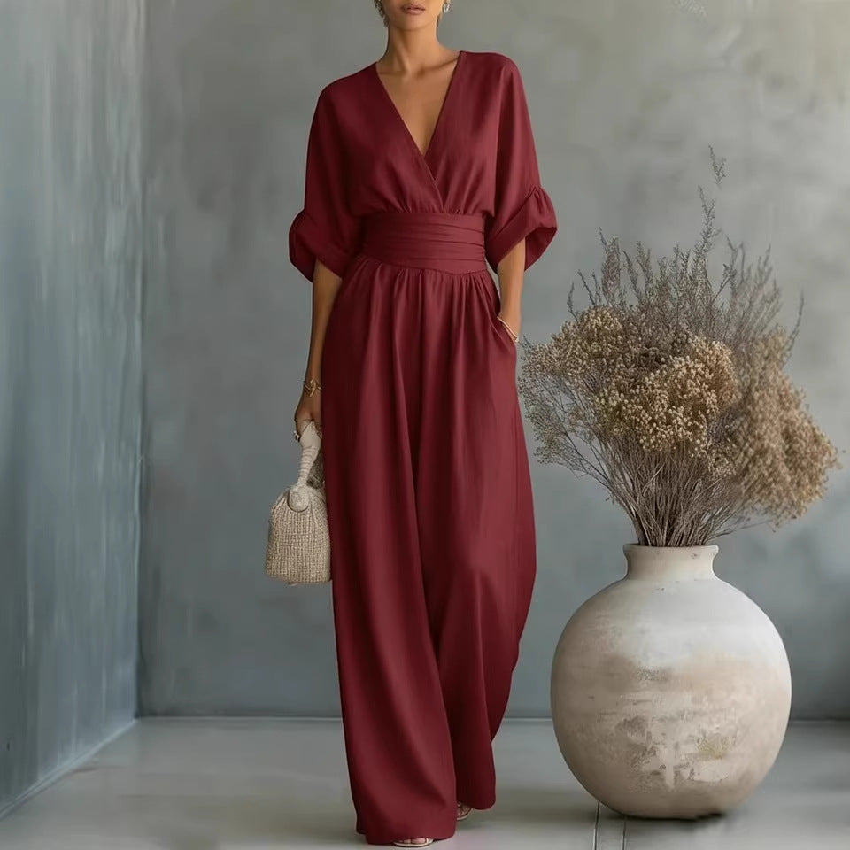Robe Élégante en V, Dos Nu et Manches Fluides
