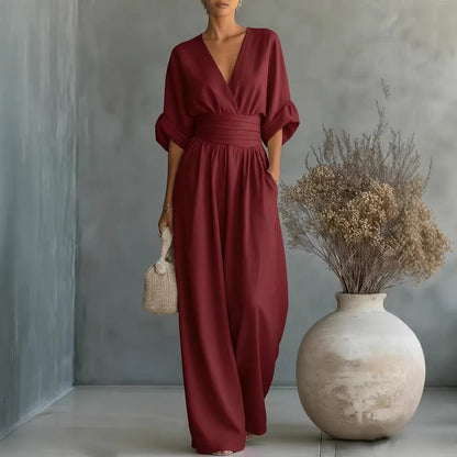 Robe Élégante en V, Dos Nu et Manches Fluides