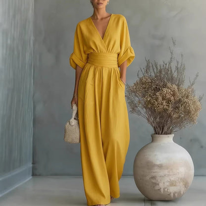 Robe Élégante en V, Dos Nu et Manches Fluides