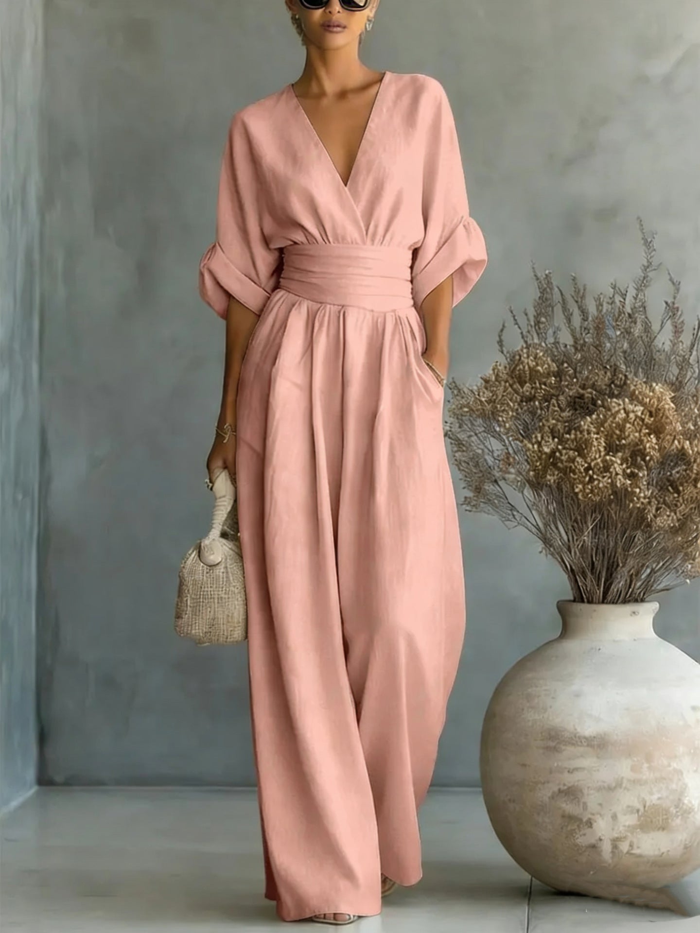 Robe Élégante en V, Dos Nu et Manches Fluides