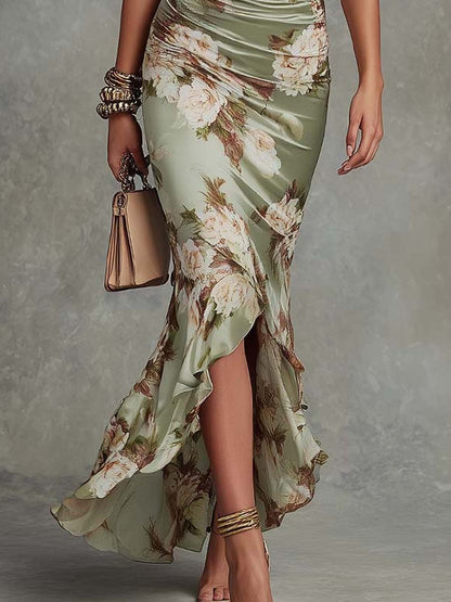 Robe longue asymétrique en satin vert avec décolleté en V - Ana