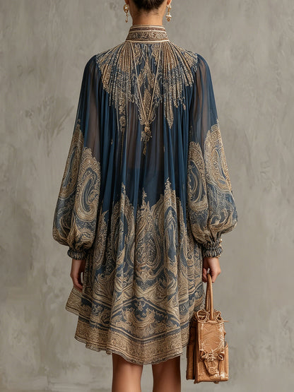 Mini Robe Bleu Marine en Mousseline Imprimé Baroque Col Haut Irrégulière