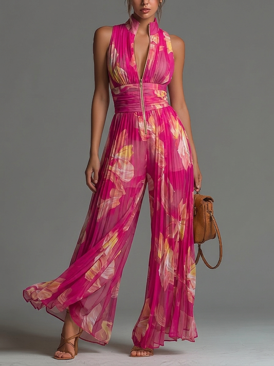 Combinaison Fuchsia Florale en Mousseline Sans Manches Jambes Larges Plissée
