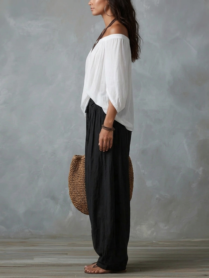 Ensemble Blanc Top Épaules Dénudées et Pantalon Lanterne Ample
