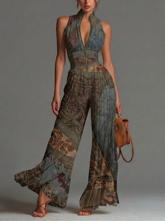 Combinaison Boho Imprimé Ethnique Sans Manches Mousseline Jambes Larges Plissée