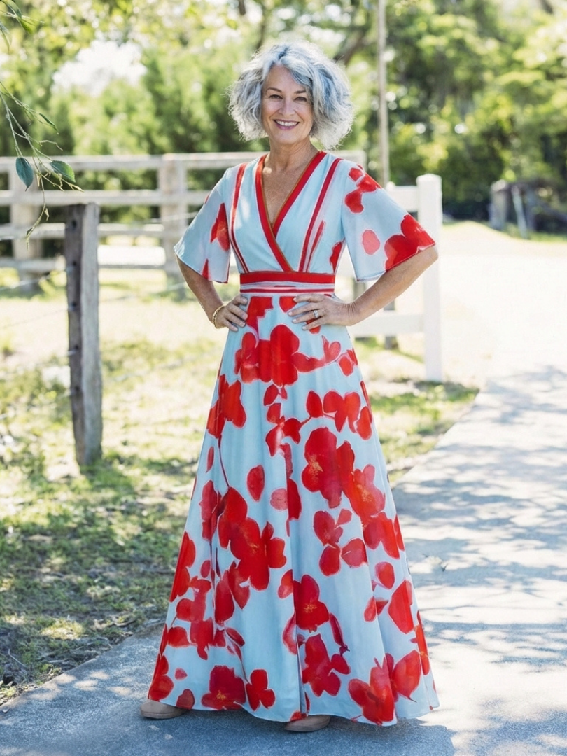 Emma | Robe longue fleurie à col V et manches courtes