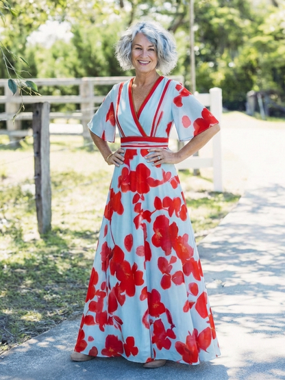 Emma | Robe longue fleurie à col V et manches courtes