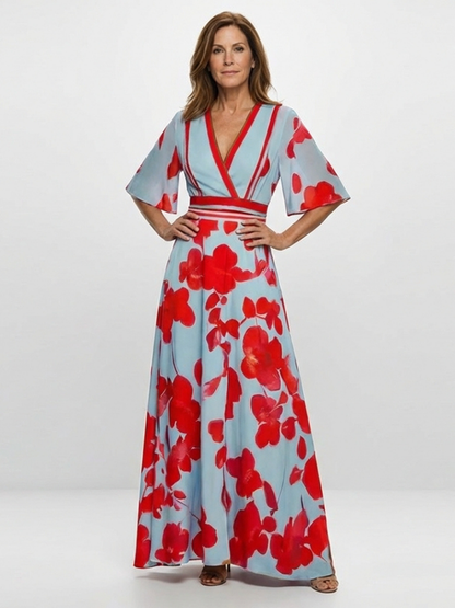 Emma | Robe longue fleurie à col V et manches courtes