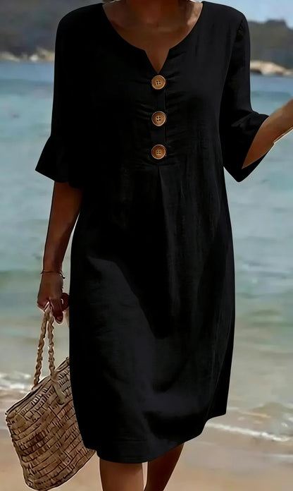 Vanesa™ | Robe en Lin Texturé Avec Manches Bouffantes et Boutons