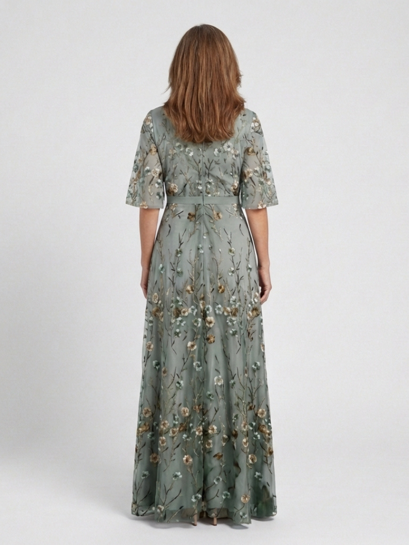 Camille | Robe longue fleurie à col V et manches courtes